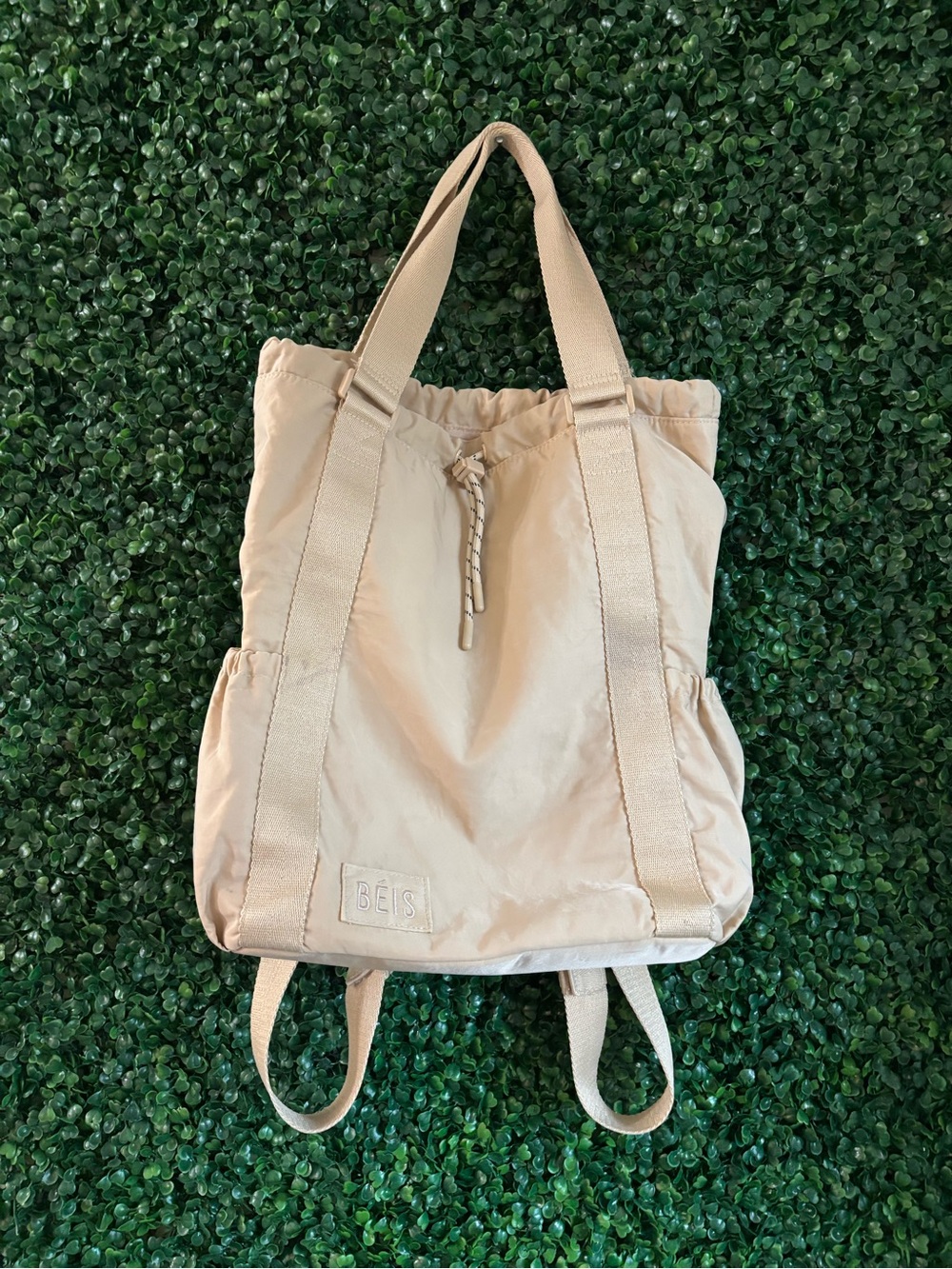 BÉIS Convertible Backpack Tote Beige Travel Work Bag Nylon Minimalist